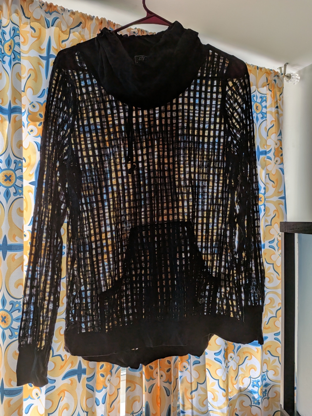 Black Cowl Neck Yoga Coverup W Front Pocket. Mesh, Medium
